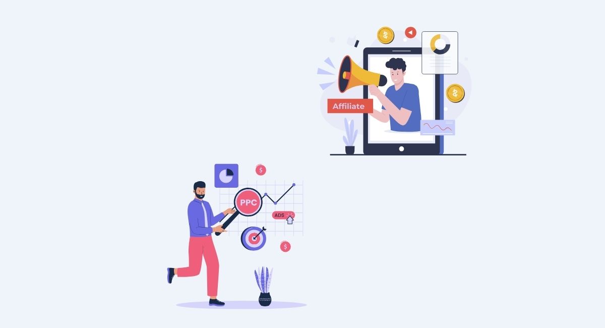  A visual representation of PPC and affiliate marketing working together, with arrows connecting the two concepts.