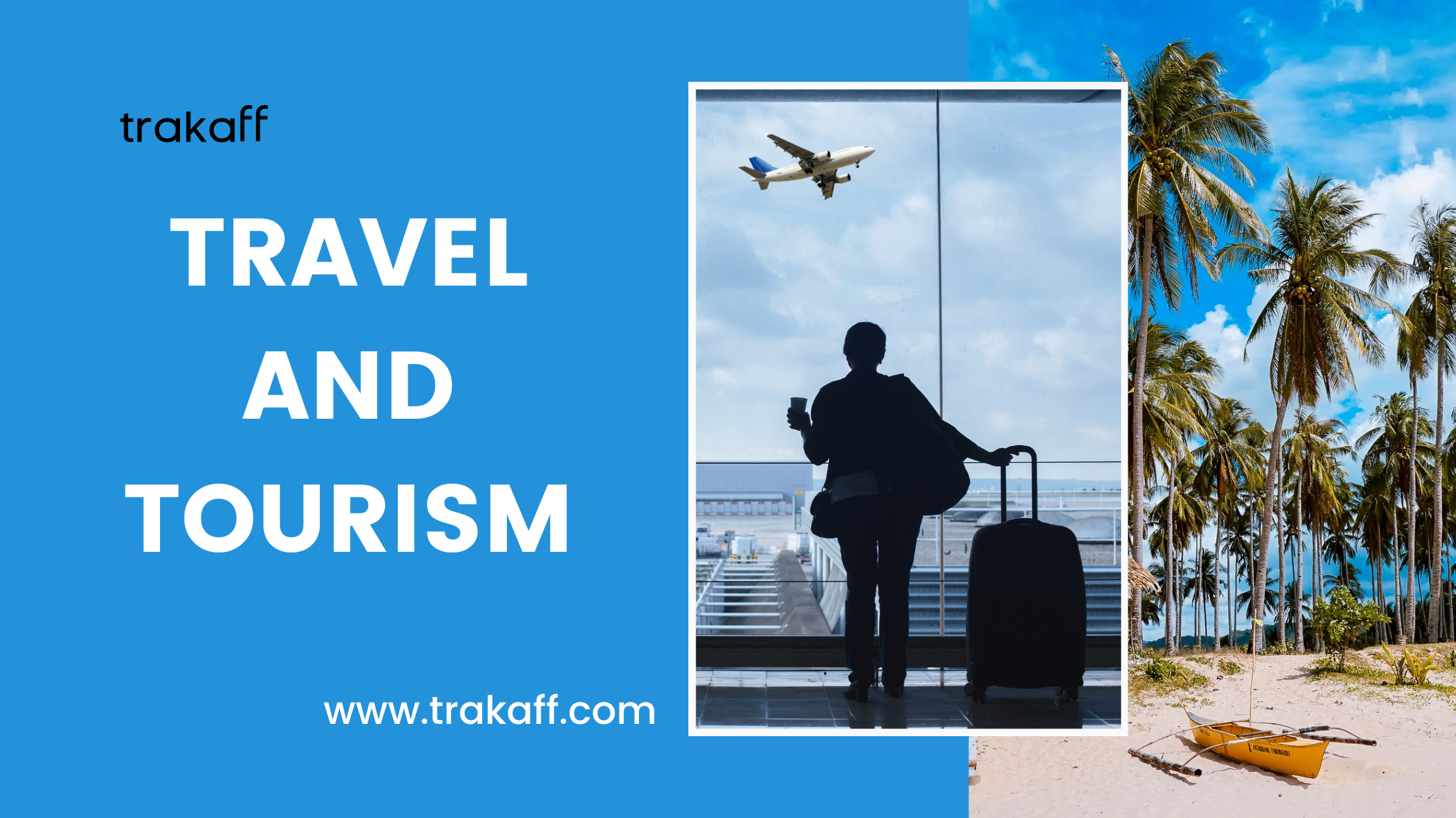 Travel and tourism-themed graphic showing a person with a suitcase at an airport window watching a plane take off, alongside a tropical beach with palm trees and a canoe.